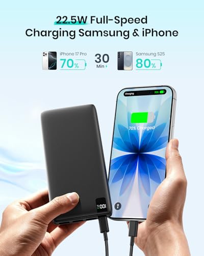 A ADDTOP Power Bank 22.5W Fast Charging Built-in USB C Portable Charger | 20000mAh丨4 USB Outputs丨Travel Essential丨LED Display丨Battery Pack for Phone 17/16/15 Galaxy Series丨Lightweight丨Flight-Safe - color: Black