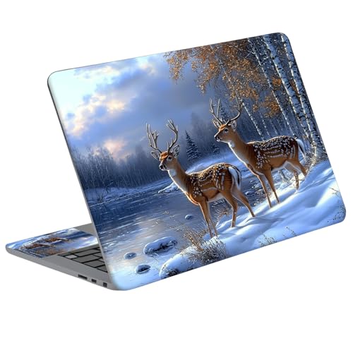 Universal Laptop Skin Sticker Decal with 2 Wrist Pad Skins, Waterproof Scratch Vinyl Cover for 11–15.6 Inch MacBook, HP, Dell, Lenovo, Cutable & Reusable,Winter Deer Snow Scene - color: Winter Deer Snow Scene