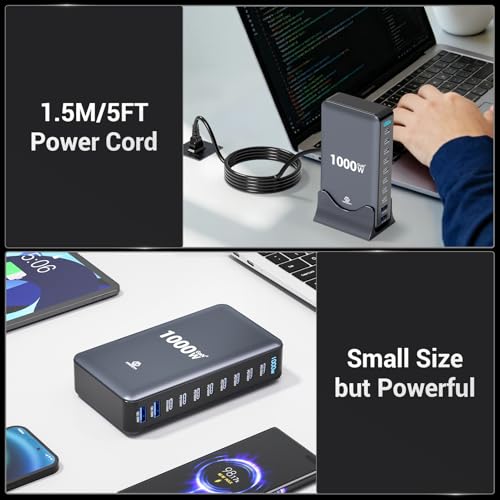 1000W USB C Charging Station, 10 Port GaN Desktop Charger, Multi Device Fast Charging Station with PD USB C Ports, High Power Charging Hub for Laptop, Tablet, iPhone, Office & Home - color: 1000W