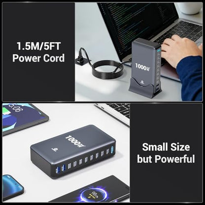 1000W USB C Charging Station, 10 Port GaN Desktop Charger, Multi Device Fast Charging Station with PD USB C Ports, High Power Charging Hub for Laptop, Tablet, iPhone, Office & Home - color: 1000W