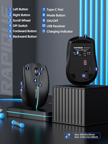 RAPIQUE Bluetooth Wireless Mouse - (BT1/BT2+USB) Tri-Mode High Performance, Rechargeable, Quiet Click, Multi-Device Compatibility for Laptop, Computer, MacBook, Tablet, PC (Black) | 3-Device Switching, USB-C Rechargeable, Quiet Clicks, 800/1200/1600 DPI,