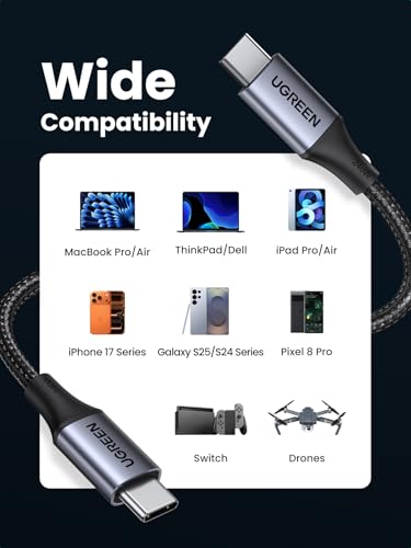 UGREEN 240W USB C to USB C Cable, Fast Charging USB C Cable for iPhone 17 Pro Max/16, Samsung Galaxy S25/S24, MacBook Pro/Air, iPad Pro/Air/Mini, Dell XPS, 6.6FT - size: 6.6FT