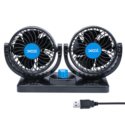 XOOL USB Car Cooling Fans, 2 Speeds Dual Head Car Fan, 360° Rotatable, 5V/2A Powerful Car Fans that Blow Cold Air, Portable Car Fans for Vehicles, SUV, RV, Boat (USB Plug) - size: USB Dual Fan - Front