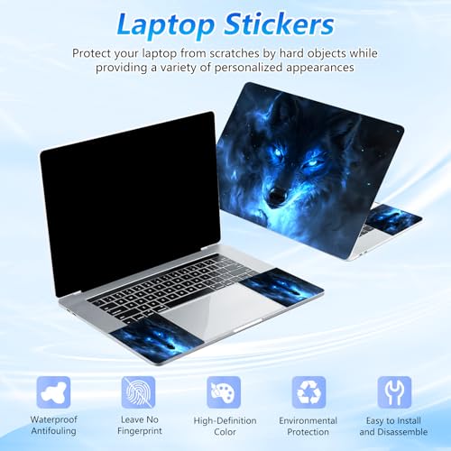 Universal Laptop Skin Sticker Decal with 2 Wrist Pad Skins, Waterproof Scratch Vinyl Cover for 11–15.6 Inch MacBook, HP, Dell, Lenovo, Cutable & Reusable,Glowing Blue Fire Wolf - color: Glowing Blue Fire Wolf
