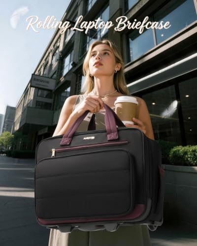 Puffer Rolling Laptop Briefcase Bag with Wheels For Women Work & Travel | Fits 16-Inch Computer Bag with Wheels, Water Resistant, TSA Friendly, 4 Pockets, Lockable Zippers, 3 Ways to Carry - color: Ribbed Black Purple