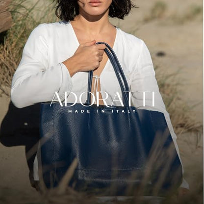 Italian Leather Tote Bag for Women - Large Shoulder Shopper, Fits 16” Laptop, Keychain Holder, Made in Italy - color: Navy Blue