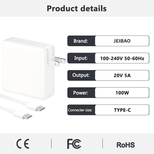 JEIBAO Mac Book Pro/Air Charger - 100W USB C Fast Charger Compatible with MacBook Pro/Air, M1 M2 M3 M4 M5, ipad Pro and All USB-C Laptops and Phones, 6.6ft Charger Cable - color: White