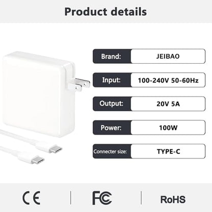 JEIBAO Mac Book Pro/Air Charger - 100W USB C Fast Charger Compatible with MacBook Pro/Air, M1 M2 M3 M4 M5, ipad Pro and All USB-C Laptops and Phones, 6.6ft Charger Cable - color: White