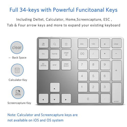 JOYEKY Bluetooth Number Pad, Wireless Numeric Keypad, USB-C Rechargeable External 34-Keys Numpad, Financial Data Entry Keyboard for iMac, MacBook Air/Pro, PC Desktop, Laptop Notebook(Silver) - color: A-White