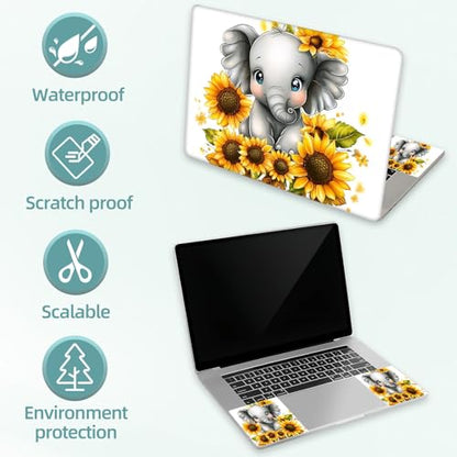Universal Laptop Skin Decal, 3-Piece Vinyl Protector for 12 13 14 15.6" Notebook, Waterproof Anti-Scratch, Easy Trim & Bubble-Free Finish, Baby Elephant Sitting on Sunflowers - color: Baby Elephant Sitting on Sunflowers