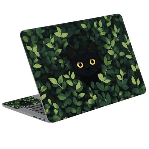 Universal Laptop Skin Sticker Decal with 2 Wrist Pad Skins, Waterproof Scratch Vinyl Cover for 11–15.6 Inch MacBook, HP, Dell, Lenovo, Cutable & Reusable,Black Cat Hiding Leaves - color: Black Cat Hiding Leaves