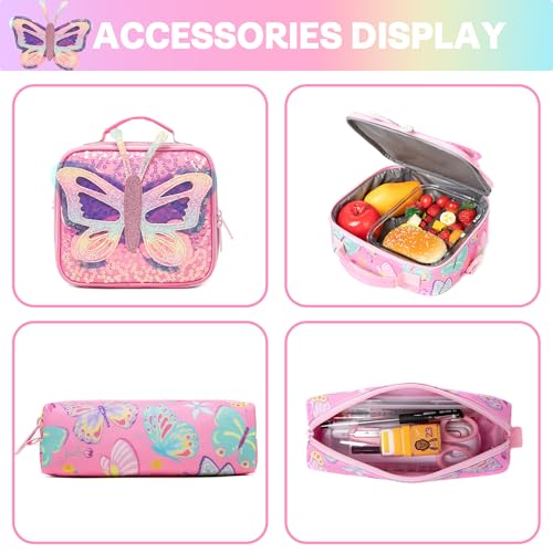 Meetbelify Rolling Backpack for Girls Backpacks with Wheels for Elementary Preschool Students 3 in 1 Carry on Travel Luggage Kids Suitcase with Lunch Box Pencil Case for Girls Age 8-10 - color: Butterfly 02