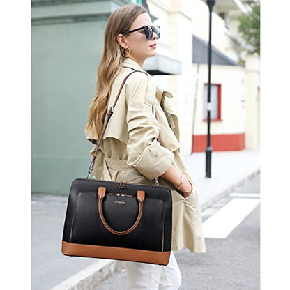 CLUCI Leather Briefcase for Women 15.6 Inch Laptop Business Computer Ladies Stylish Work Handbags Shoulder Bag - color: Black-brown