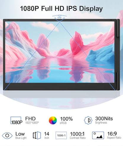 Laptop Screen Extender, Ultra-Thin 14" FHD 1080P Portable Monitor | 2.2lbs Lightweight, Triple Monitor Extender, Plug & Play, For 13"-17" Laptops, Compatible with Wins/Mac/Android/Chrome - size: 14" Monitor