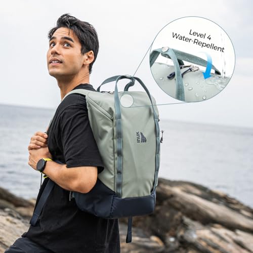 INUK Travel Laptop Backpack, 25L Recycled Waterproof Light Daypack | Dual laptop pockets, soft light foam straps, recycled wear-resistant fabric, water repellent coating, Sage Leaf - color: Sage Leaf