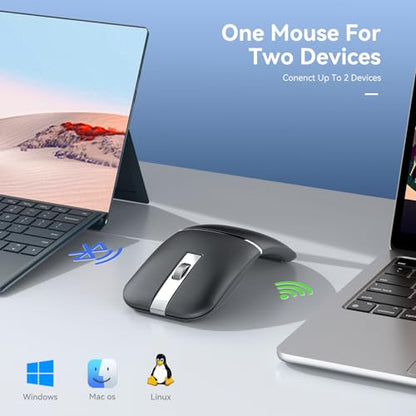 WFB 180° Flip Ultra-Thin Wireless Mouse, Bluetooth 5.0 & 2.4GHz Rechargeable Silent Travel Mouse, Ergonomic Rotatable Design for Laptop, PC, MacBook, Chromebook