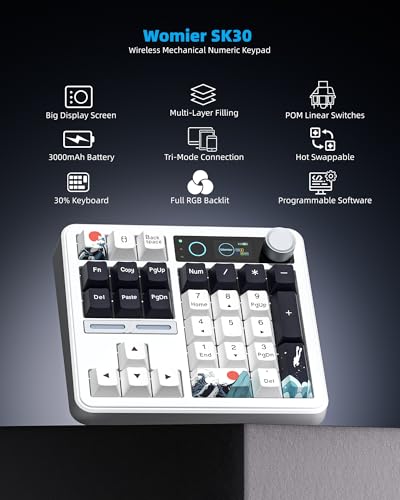 Womier SK30 Mechanical Numpad, Mini Keyboard with Screen & Knob, White | Bluetooth/2.4G/USB-C Wireless Numeric Keypad,Macro Software RGB Number Pad Hotswap,Rechargeable Number keypad for Mac Windows - color: White