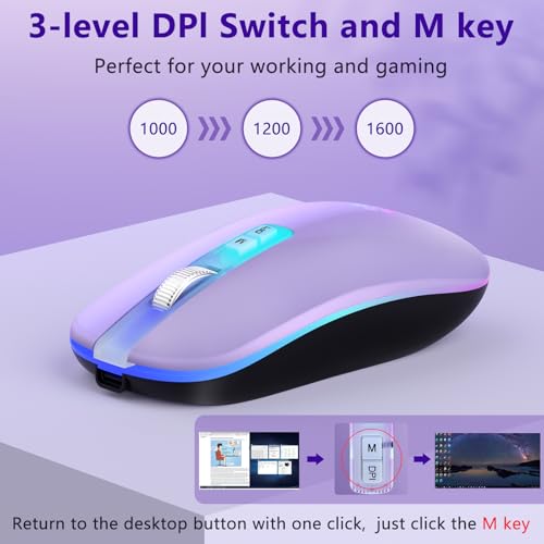 KARFUN Wireless Mouse, Backlit LED Portable Slim Computer Mouses for Laptop, PC, Computer, MacBook, iPad, Chromebook, Notebook, 2.4G Rechargeable Wireless Mouse (Light Purple)