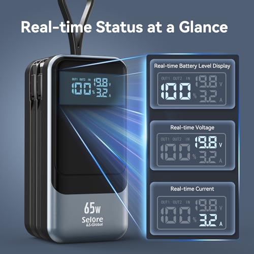 65W Power Bank for Laptop, 18400mAh Fast Charging Portable Charger, Battery Pack with Dual Built-in USB-C & Lightning Cables, LCD Display Travel Chargers for MacBook/Dell XPS/iPad/iPhone 15/Samsung - color: Black