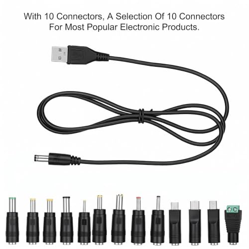 DC 5V Power Cord USB to DC Power Cable Universal | DC 5.5x2.1mm Cable with 13 Connectors for Router LED Light Mini Fan Speaker and More 5V Devices