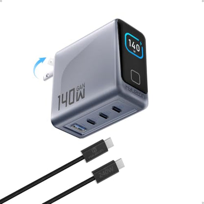 MacBook Pro Charger 140W, GaN USB C Fast Charging Block, PD 3.2/PPS 4-Port Laptop Adapter with Smart Display for MacBook Pro/Air, iPhone, iPad (Include 240W Cable)