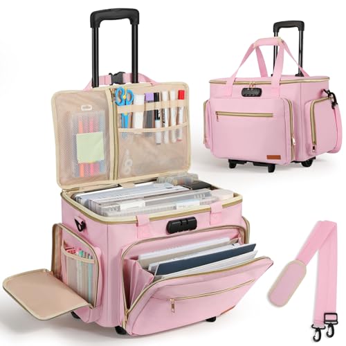 Housolution Rolling Teacher Bag with Wheels, Fits for 17" Laptop, Teacher Tote Bag with Detachable Trolley, Laptop Work Case with Anti Theft Lock, Briefcase Cart with Accordion File Organizer, Pink - color: Pink