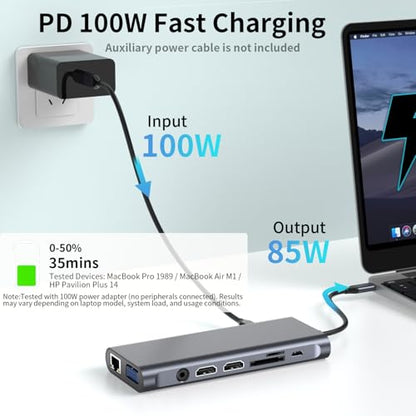 Docking Station 3 Monitors for HP/Dell/Lenovo/MacBook Laptop, Triple Display with Dual 4K HDMI, VGA, 14 in 1 USB C Hub, Computer Docking Station with 10Gbps USB, PD, Ethernet, SD/TF, Audio/Mic - color: Space Gray