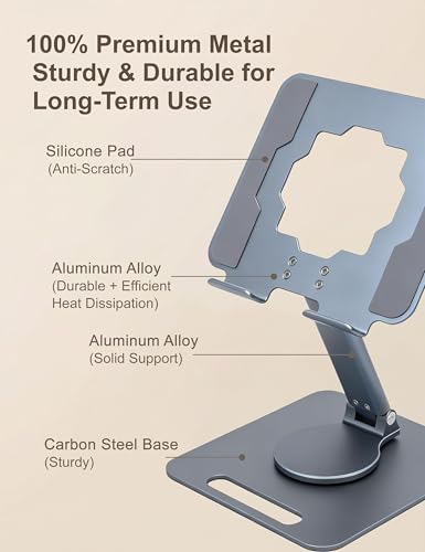 Full Metal Tablet Stand for Desk, 360° Swivel Height Adjustable | 8.7" sit-stand height, aluminum carbon steel, anti-slip silicone pads, hollow cooling, foldable, fits 4.7-13" iPad & tablets - color: Gray-green