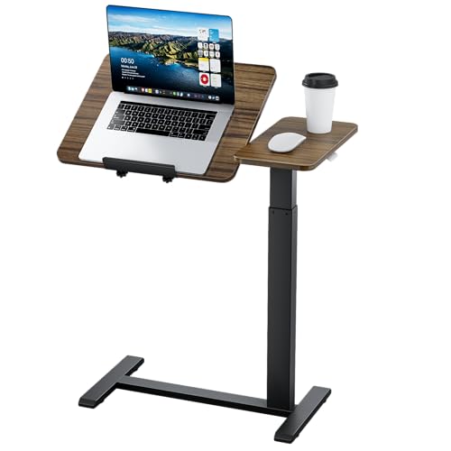 Ywin Medical Overbed Table with Wheels, Lift 27-43in, Black Walnut | Steel frame & wood top, 0-60° tilt, rolling casters, 66lb load, pneumatic adjustable height for Bed/hospital/couch/office - color: Black Walnut-1, size: 27.6" x 15.8"