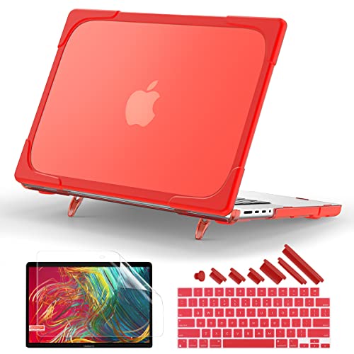 Batianda Heavy Duty Case for MacBook Pro 14 inch 2026-2021, Red | Fits M5/M4/M3/M2/M1 Pro Max Chip, Ergonomic Foldable Stand Holds 22 lbs, Shockproof Bumper, Matte Translucent Hard Shell - color: Red
