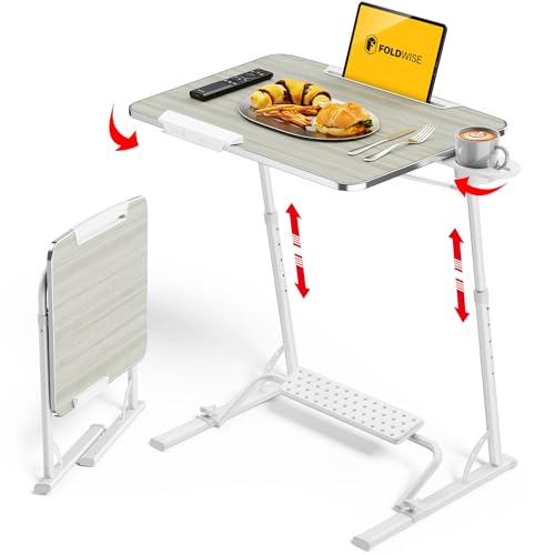 Upgraded Folding TV Tray Table, Extra Large & Sturdy Laptop Table for Couch | Height & Angle Adjustable Desk for Dinner, Work & TV - Includes Footrest, Cup Holder, iPad Holder & Edge Stopper - color: (White) - Bright Wood