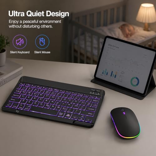 Rechargeable Bluetooth Keyboard Mouse Combo, 10 Inch Keyboard with Backlit, Silent Keys and Wireless Mouse for iPad, Tablet, Laptop and PC