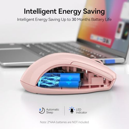 TECKNET Wireless Mouse (2.4G & BT5.0/3.0) Silent 4800 DPI Computer USB A & Bluetooth Mouse 6 Buttons, Wide Compatibility - Pink - color: Pink