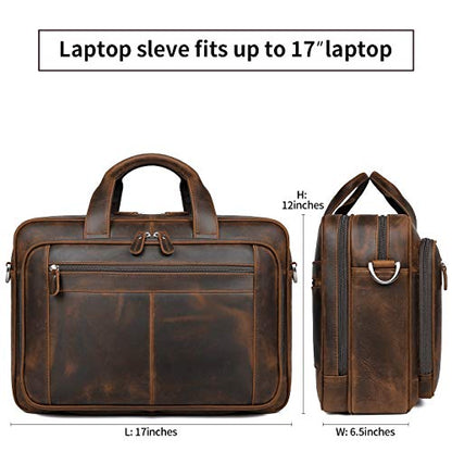 Leather Briefcase for Men 16" Laptop Shoulder Bag with Luggage Strap | 100% full-grain leather, YKK zip, fits 15.6-17" laptop, shoulder strap, 17x6.5x12", 4.2lb