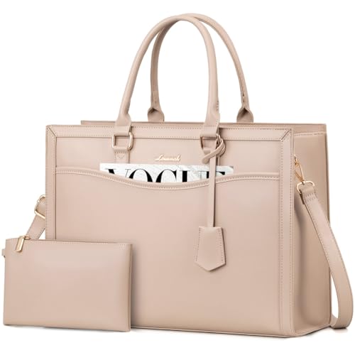LOVEVOOK Laptop Tote Bag for Women, Large Work Computer Bag with Cup Holder | PU Leather Business Briefcase Teacher Travel College Bag Handbag fit for 17.3 inch Laptop, Office Purses Gifts for Women,2pcs - color: Leather/Apricot, size: 17.3 Inch