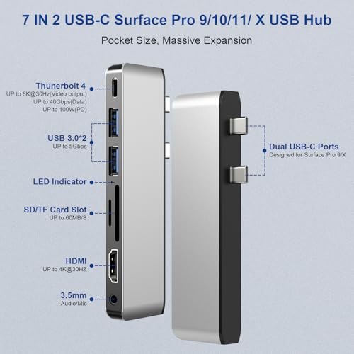 Surface Pro 9/10/11/X Docking Station, Surface Pro 11 USB Hub with 4K HDMI, USB-C Thunderbolt 4 (Display+Data+100W PD), 2 USB 3.0, 3.5mm Audio, SD/TF Card Slot for Surface Pro 9/10/ 11/ X - color: Silver