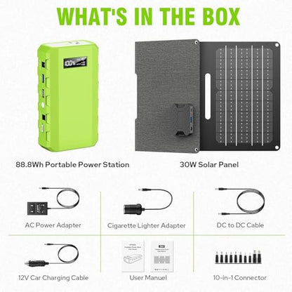 Powkey 24000mAh Portable Power Station with Panels Included 30W | Powkey 86Wh Solar Generator with AC Outlet 120V, Lithium Battery Rechargeable Powered Bank with 65W AC Outlet for Emergency - color: Green+black