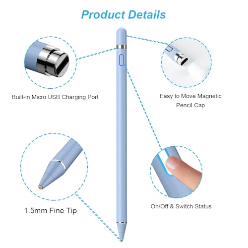 Active Stylus Pen for Touchscreen, iPad Pencil 1.5mm Fine Point Pen, Digital Pens Rechargeable for Tablet, Stylus Pens Compatible with iPad Air/Mini/Pro/Android/iPhone and Most Device - Blue - color: Blue