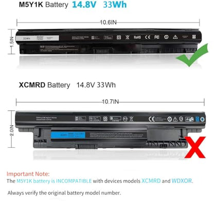 M5Y1K 14.8V Replacement Laptop Battery for Dell Inspiron 14 15 17 5000 3000 Series 5559 5558 3451 3558 i3558 3565 3567 5451 5755 5756 5458 5759 5758 GXVJ3 WKRJ2 VN3N0 991XP P63F P47F P51F P52F - size: 10.6*1.5*0.75inch M5Y1K