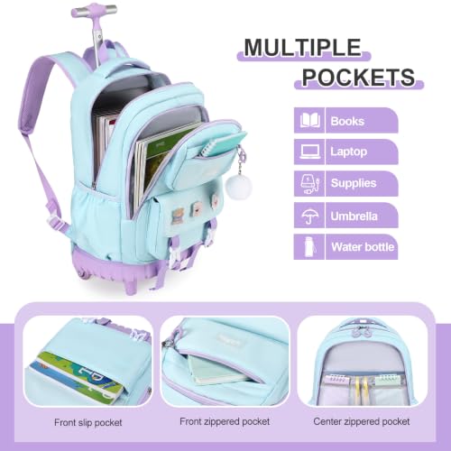 DIGOBAY Rolling Backpack for Girls, Roller Bag with Lunch Box Pencil case | Kawaii Girls Roller Backpack With Wheels School Bookbag With Cute Pins for Elementary Middle School, Aquamarine Purple - color: Aquamarine-purple