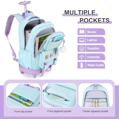 DIGOBAY Rolling Backpack for Girls, Roller Bag with Lunch Box Pencil case | Kawaii Girls Roller Backpack With Wheels School Bookbag With Cute Pins for Elementary Middle School, Aquamarine Purple - color: Aquamarine-purple