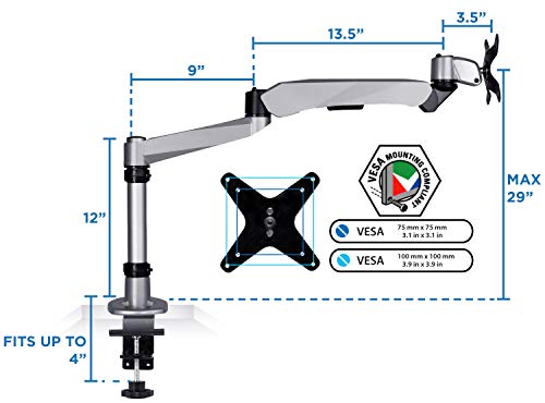 Mount-It! Premium Modular Monitor Desk Mount Arm Stand | Full Motion Gas Spring Arm Fits 19 21.5 24 27 32 Inch Computer Screens with 75 100 VESA Patterns | C-Clamp and Grommet Bases | 17.6 Pound Limit