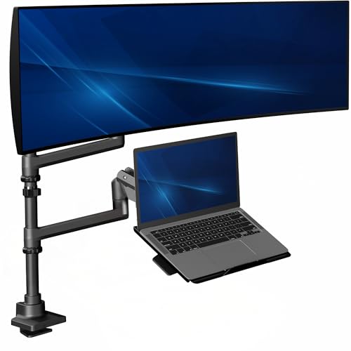 VIVO Pneumatic Arm Ultrawide Monitor Extra Tall Desk Mount for Up to 49 inch Screens and Laptop Tray for Up to 17 inch Notebooks, Holds Ultra-Wides Up to 44 lbs, Black, STAND-V120K-L