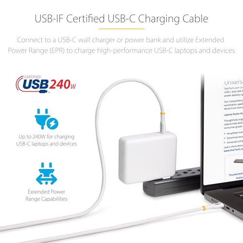 StarTech 13ft/4m USB-C to USB-C Charging Cable, White (USB2EPR13FW) | USB-IF Certified, 2.0 Type-C Laptop, Charge and Sync, EPR, Male to Male, E-Marker, TPE Jacket, E-Marker Chip, 240W PD