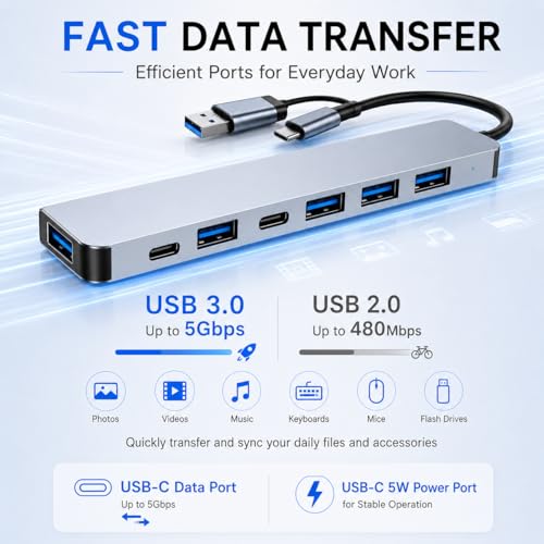 VIENON Aluminum USB C & USB Hub 7-in-1 with USB 3.0, USB-C Ports for PC/Laptops/MacBook Pro/Air/iMac/iPad and More Devices