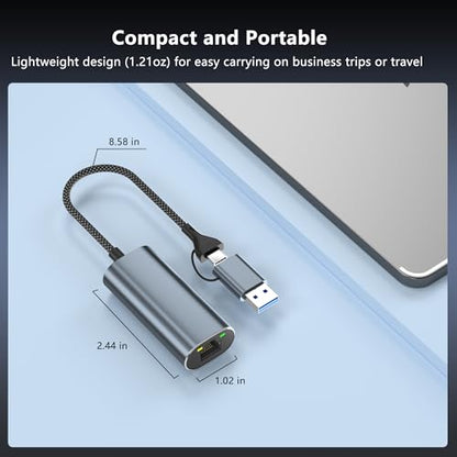 USB to Ethernet Adapter 2.5Gb, Dual-Connector 2 in 1 USBA&USBC to 2.5 Gigabit Ethernet Adapter for Laptop/iPhone16/17, Wired LAN Network Adapters, USB to RJ45 Computer Network Adapters