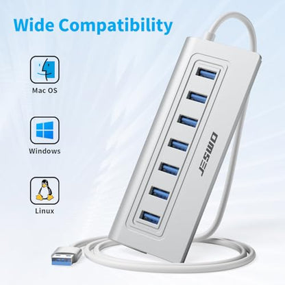 USB Hub 3.0, JESWO Aluminum 7 Port USB 3.0 Hub with 3.3Ft Cable, USB Splitter with 7-USB3.0 Data Ports Compatible with MacBook, Laptop,Surface Pro, PS5, PC and More (No Power Adapter Included)