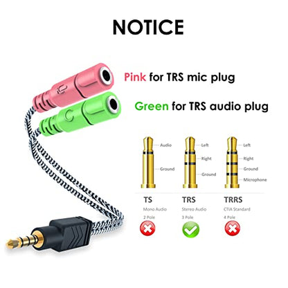 Headphone Mic Splitter 2 Pack 3.5mm Headset Adapter for Computer | 2-TRS Female to TRRS Male CTIA Stereo Audio Mic Jack Y Splitter for Dual-Plug Game Headset to Xbox, PS4, Phone, Laptop, PC - size: 2 Pack / 0.6 Feet