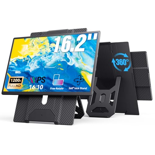 16.2'' Portable Monitor FHD 1200P USB-C/HDMI with Retractable Stand & Speakers, Ultra-Slim Computer Display HDR Eye Care Laptop Screen Plug-Play, External Monitor for MAC PC Phone PS4 Xbox