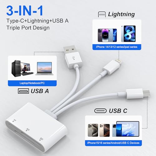 XD Card Reader, SD Card Reader for iPhone, 3 in 1 SD/TF/XD Picture Reader for Lightning/USB C/USB A Device, Lightning+USB A+USB C xd Picture Card Adapter for iPhone 16/15/14/13/iPad/PC/Android - color: White